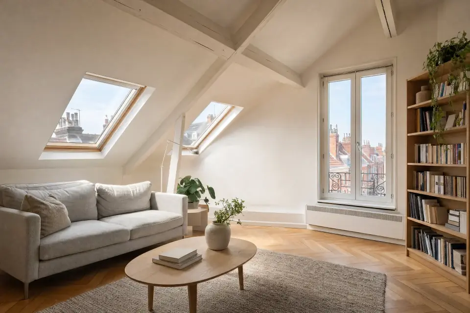 Bright living room in a top-floor condo