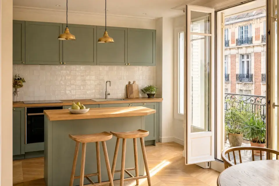 Open kitchen in a condo, warm light